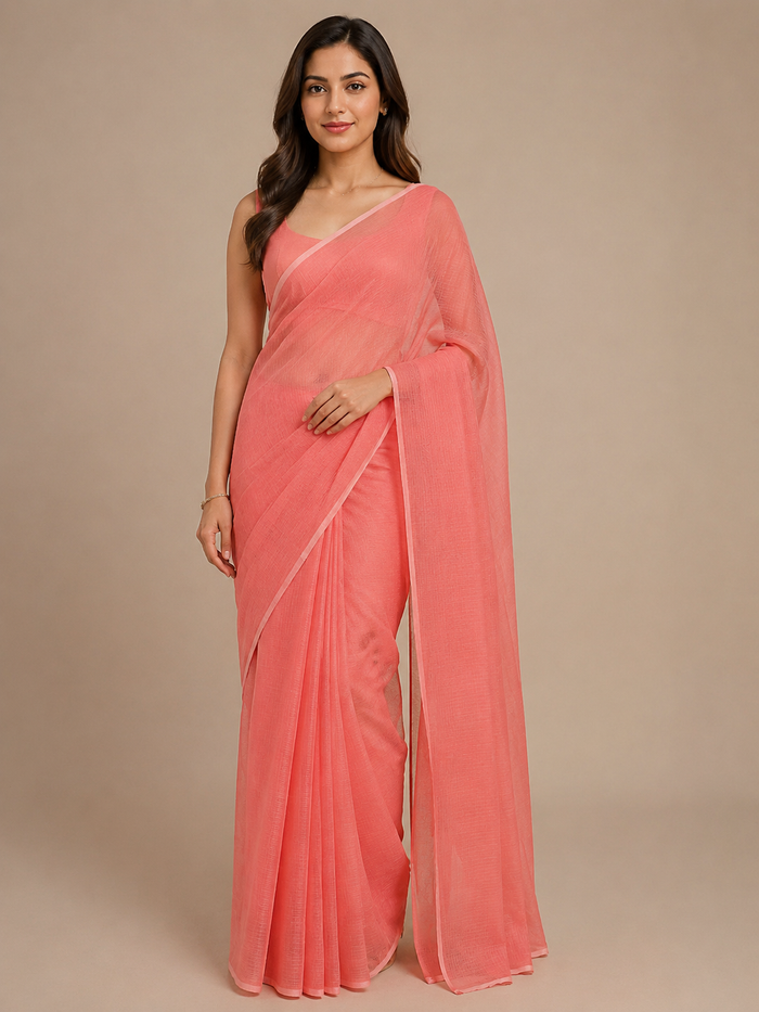 Kota Plain Pure Silk Saree - Peach