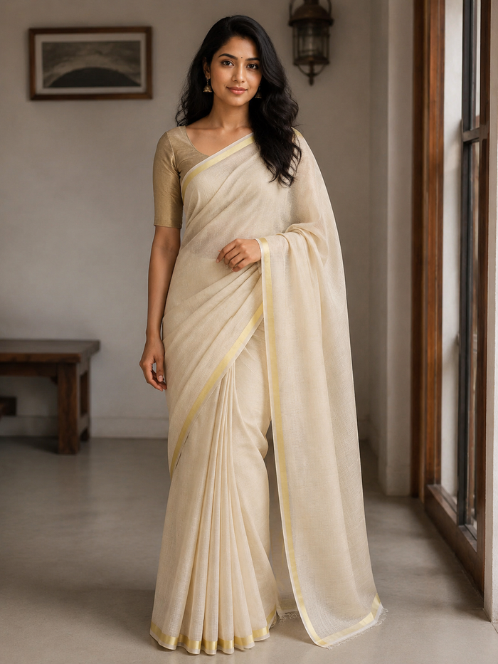 Kota Doria Cotton Mix Plain Saree - Beige Color