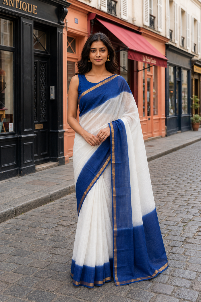 Pure Cotton Kota Doria Multicolor Plain Saree -Blue & White Colour
