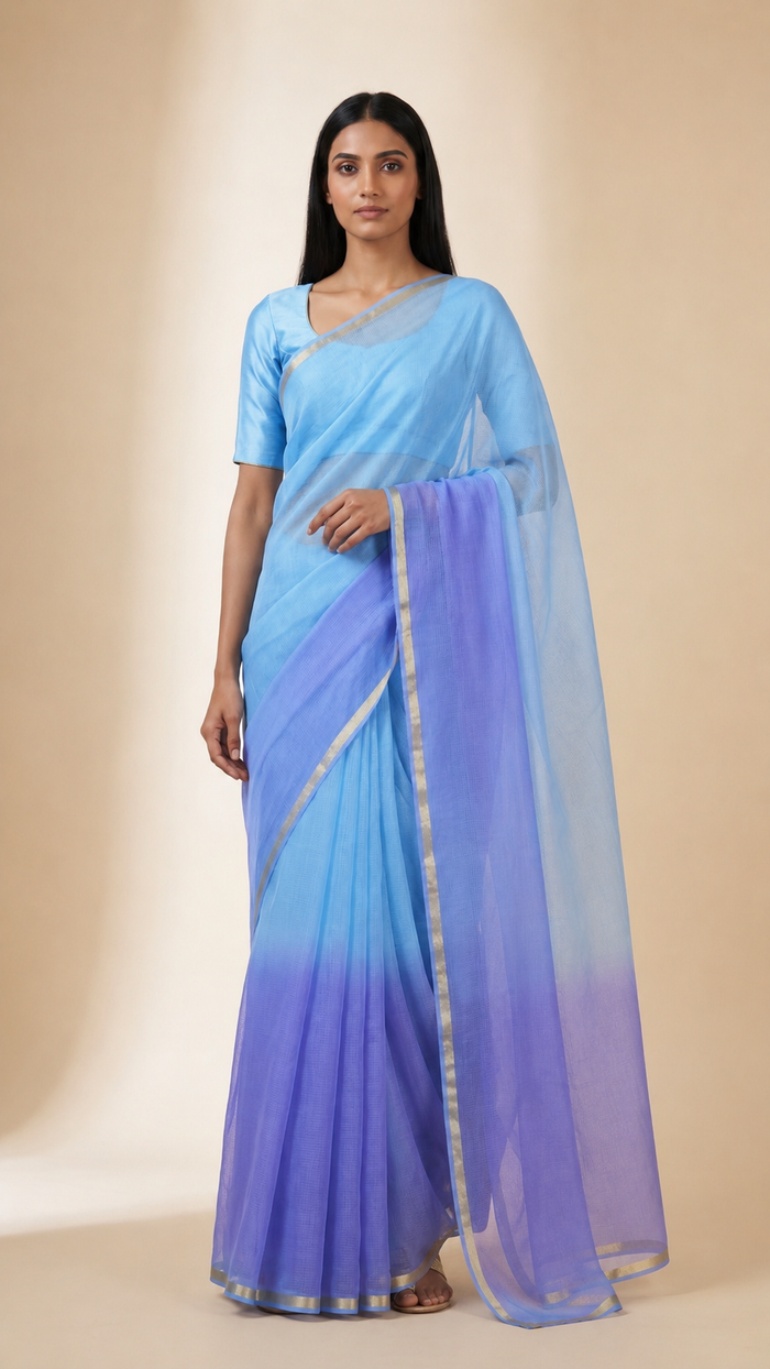 Pure Cotton Plain Kota Double Color Saree - Purple & Blue Color