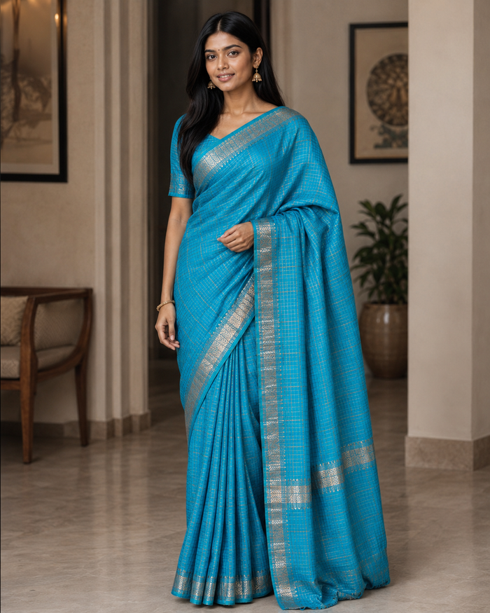 Bhagalpuri Maheshwari Cotton Silk Mini Checks Zari Woven Saree - Blue