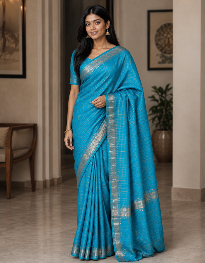 Bhagalpuri Maheshwari Cotton Silk Mini Checks Zari Woven Saree - Blue