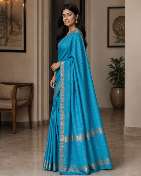 Bhagalpuri Maheshwari Cotton Silk Mini Checks Zari Woven Saree - Blue