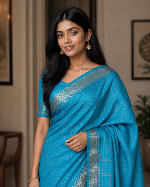 Bhagalpuri Maheshwari Cotton Silk Mini Checks Zari Woven Saree - Blue
