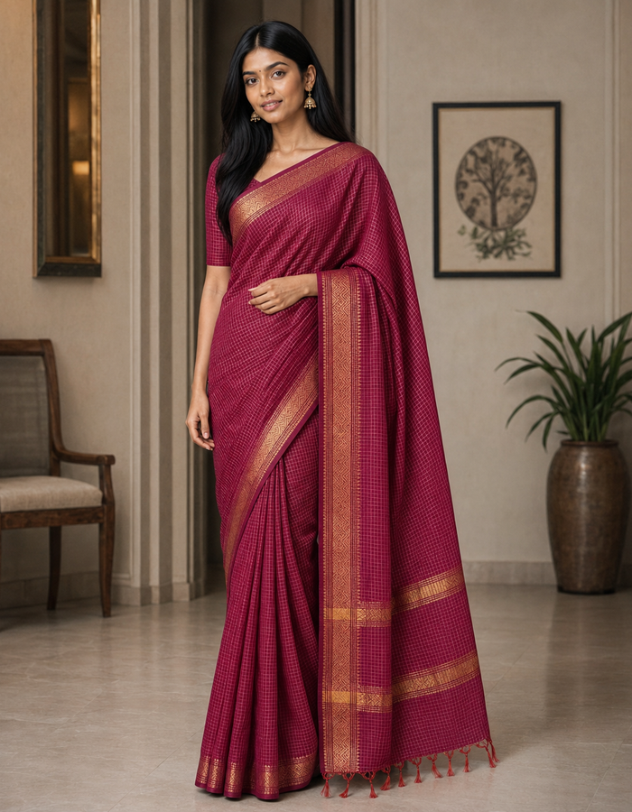 Bhagalpuri Maheshwari Cotton Silk Mini Checks Zari Woven Saree - Rani Pink
