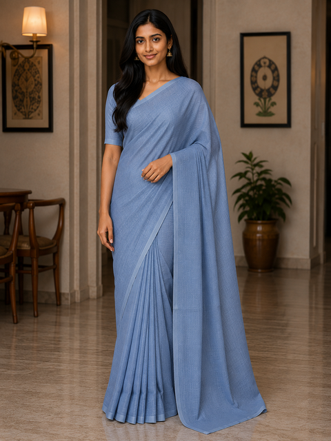 Kota Doria Pure Cotton Plain Saree - Navy Blue