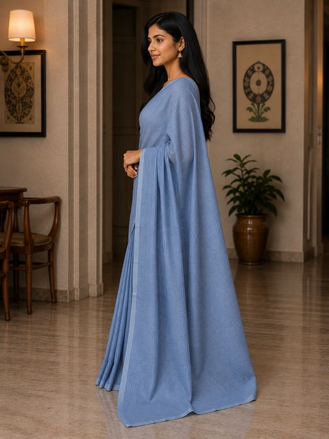 Kota Doria Pure Cotton Plain Saree - Navy Blue