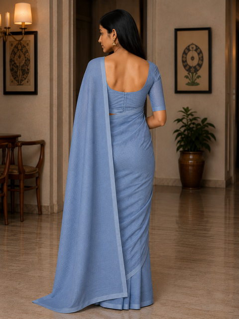 Kota Doria Pure Cotton Plain Saree - Navy Blue