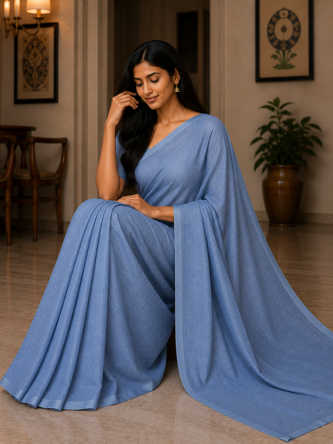 Kota Doria Pure Cotton Plain Saree - Navy Blue