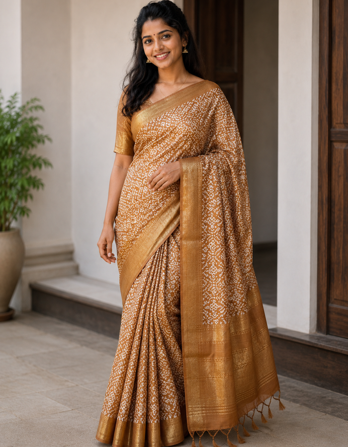 Ajrak Batik Printed Mangalgiri Semi Silk Saree - Beige