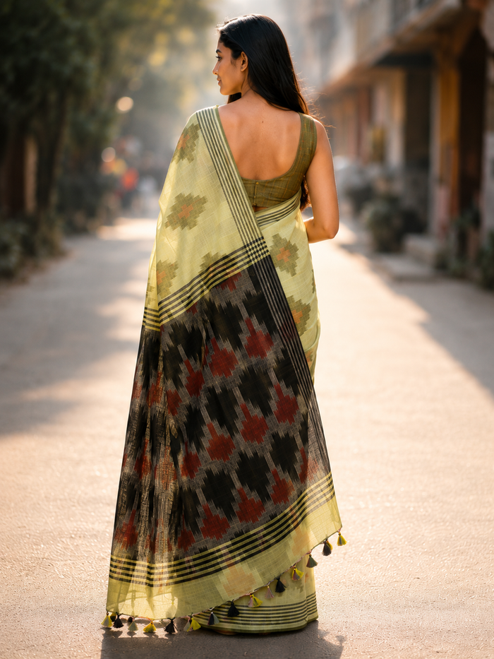 Pure Cotton Ikkat Saree - Yellow Black Combination