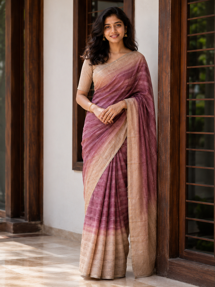 Organza Noil Silk Saree - Maroon & Cream Color