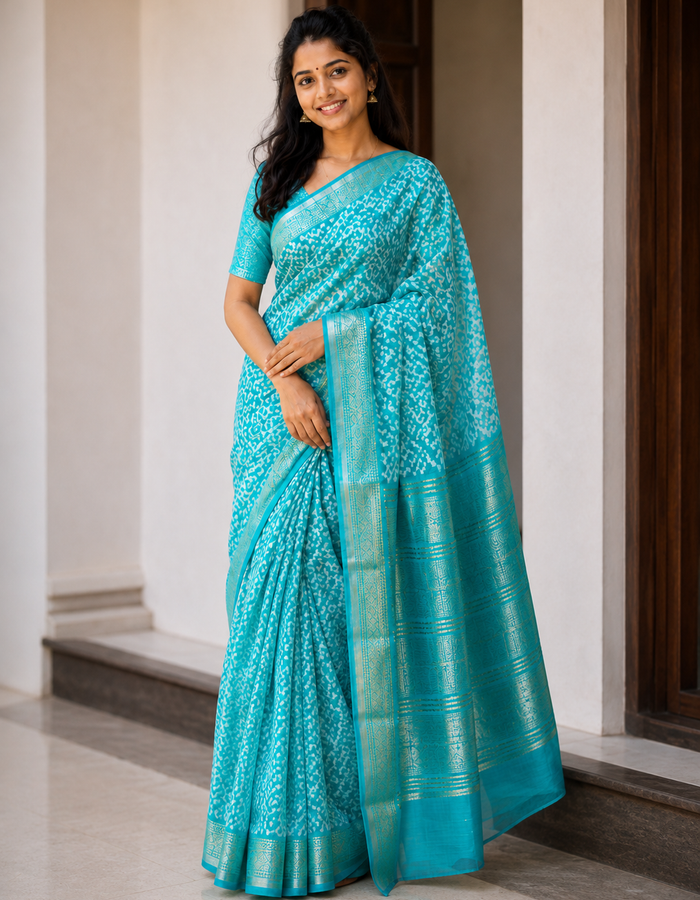Ajrak Batik Printed Mangalgiri Semi Silk Saree - Teal Blue