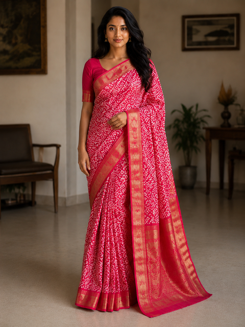 Ajrak Batik Printed Mangalgiri Semi Silk Saree - Red