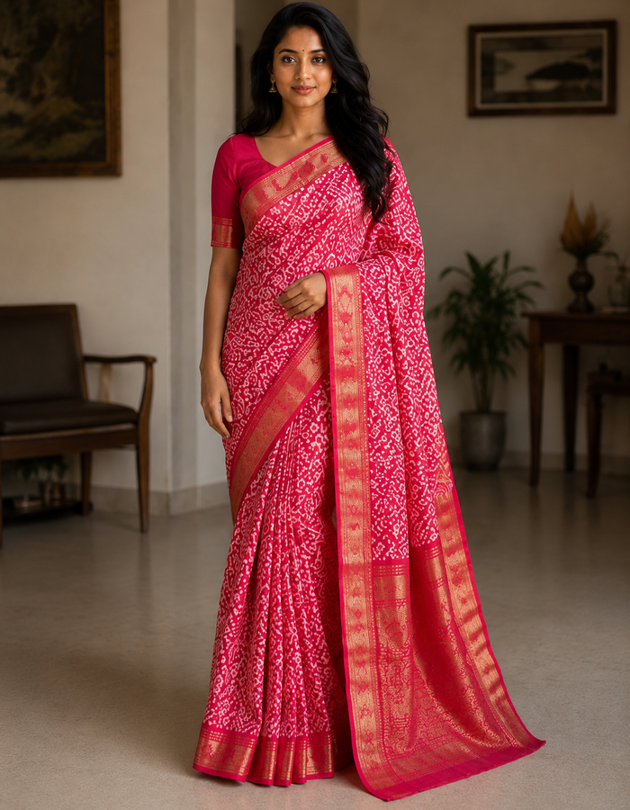 Ajrak Batik Printed Mangalgiri Semi Silk Saree - Red