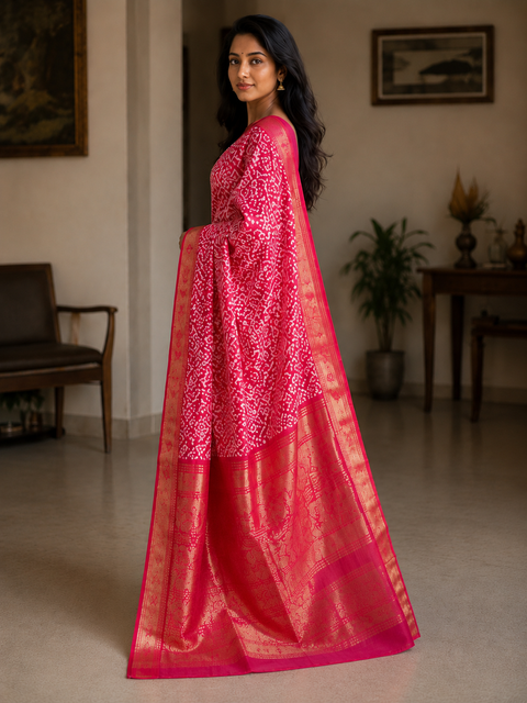Ajrak Batik Printed Mangalgiri Semi Silk Saree - Red