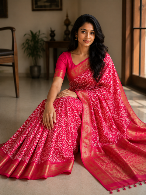 Ajrak Batik Printed Mangalgiri Semi Silk Saree - Red