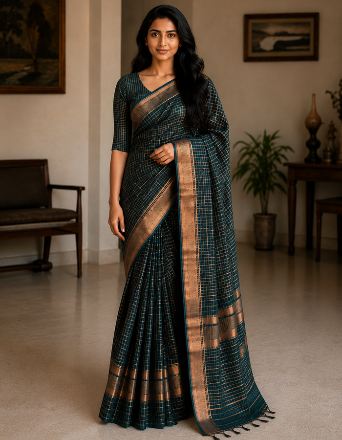 Bhagalpuri Maheshwari Cotton Silk Mini Checks Zari Woven Saree - Green