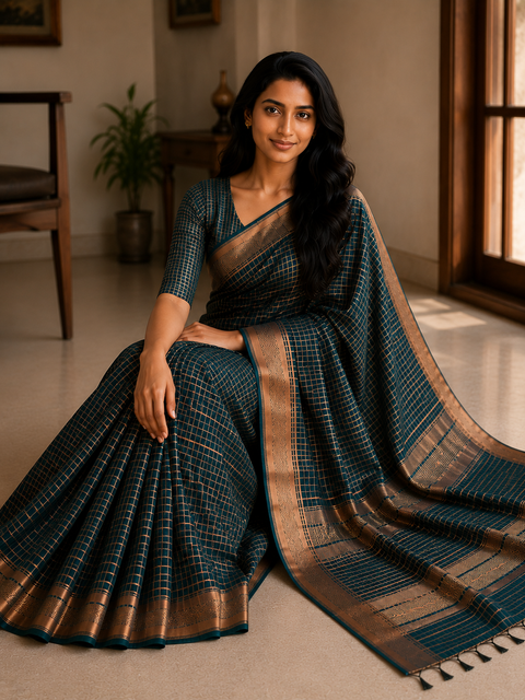 భాగల్‌పురి మహేశ్వరి కాటన్ సిల్క్ మినీ చెక్కులు జరీ నేసిన చీర - ఆకుపచ్చ