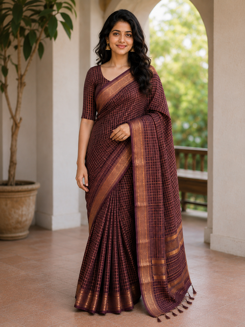 Bhagalpuri Maheshwari Cotton Silk Mini Checks Zari Woven Saree - Brown