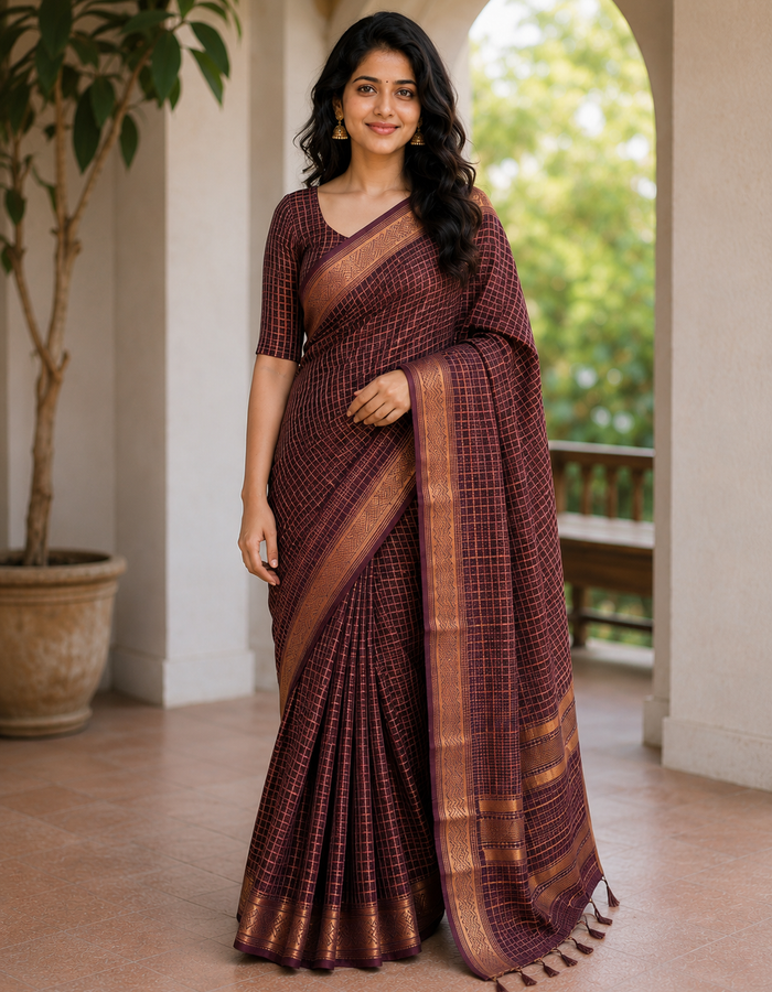 Bhagalpuri Maheshwari Cotton Silk Mini Checks Zari Woven Saree - Brown
