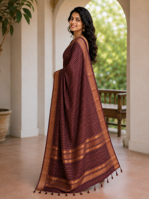Bhagalpuri Maheshwari Cotton Silk Mini Checks Zari Woven Saree - Brown