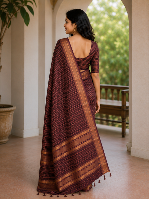 Bhagalpuri Maheshwari Cotton Silk Mini Checks Zari Woven Saree - Brown