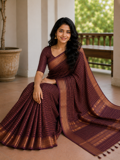 Bhagalpuri Maheshwari Cotton Silk Mini Checks Zari Woven Saree - Brown