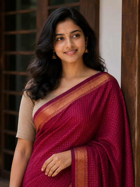 భాగల్‌పురి మహేశ్వరి కాటన్ సిల్క్ మినీ చెక్కులు జరీ నేసిన చీర - వినిష్ మెరూన్