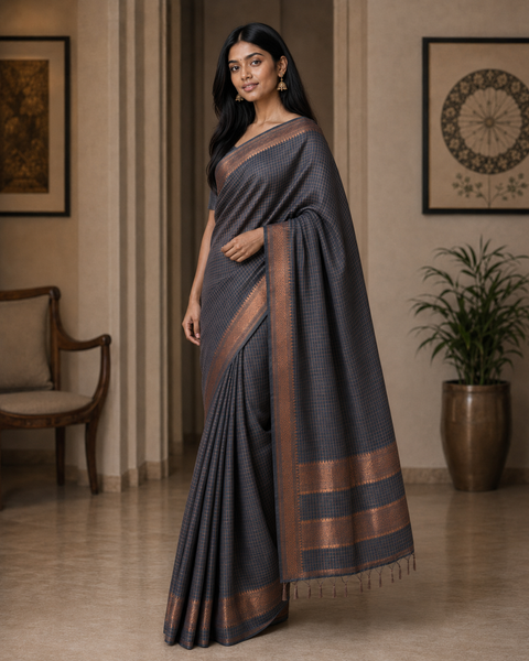 Bhagalpuri Maheshwari Cotton Silk Mini Checks Zari Woven Saree - Grey