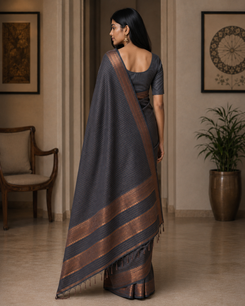 Bhagalpuri Maheshwari Cotton Silk Mini Checks Zari Woven Saree - Grey