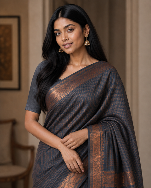 Bhagalpuri Maheshwari Cotton Silk Mini Checks Zari Woven Saree - Grey