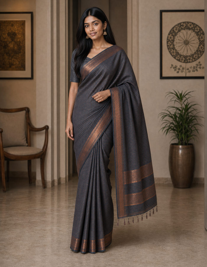 Bhagalpuri Maheshwari Cotton Silk Mini Checks Zari Woven Saree - Grey