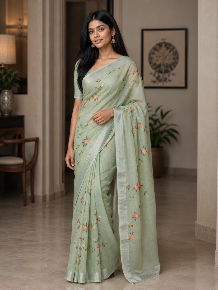 Hand Painted Kota Saree - Green Color