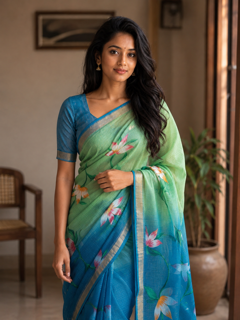 Kota Pure Cotton Painted Saree - Sea Blue & Green Color