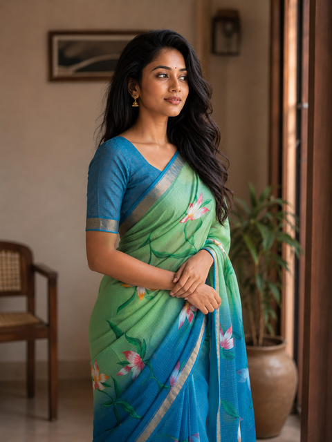 Kota Pure Cotton Painted Saree - Sea Blue & Green Color