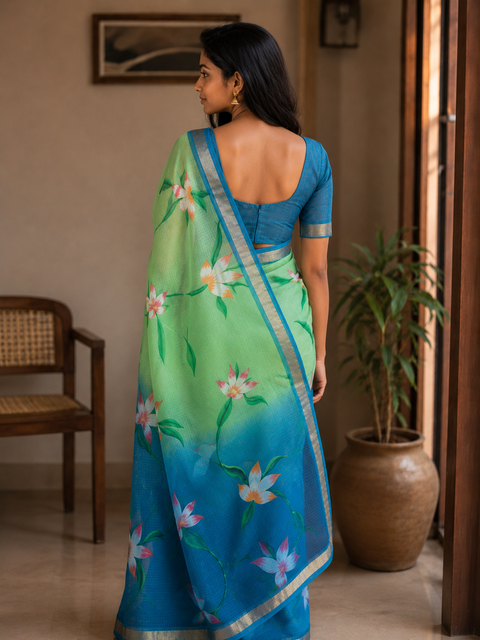 Kota Pure Cotton Painted Saree - Sea Blue & Green Color