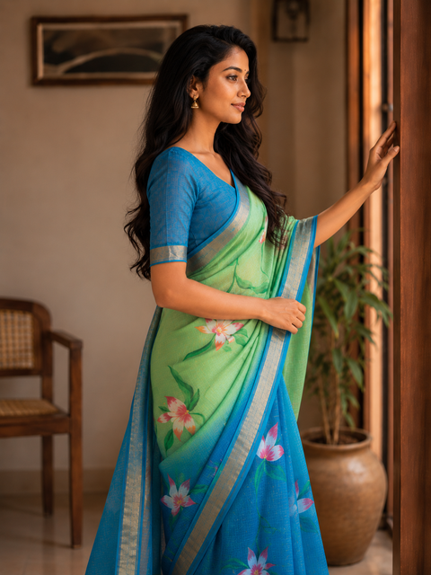 Kota Pure Cotton Painted Saree - Sea Blue & Green Color