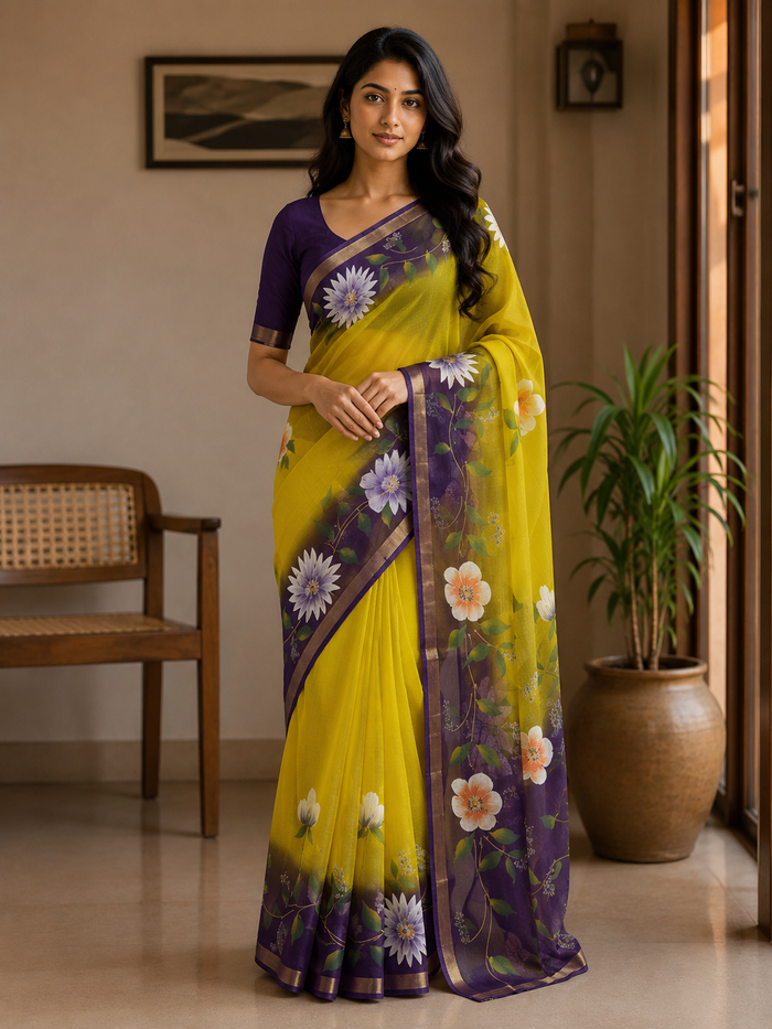 Kota Pure Cotton Painted Saree - Purple & Yellow Color
