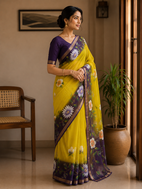 Kota Pure Cotton Painted Saree - Purple & Yellow Color