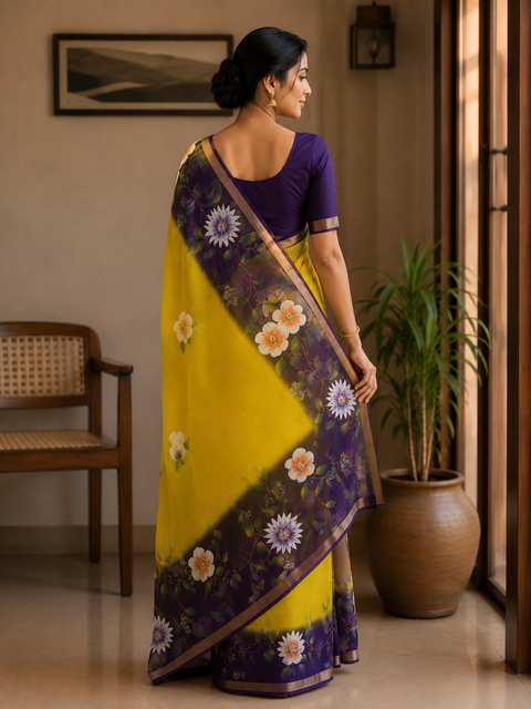 Kota Pure Cotton Painted Saree - Purple & Yellow Color