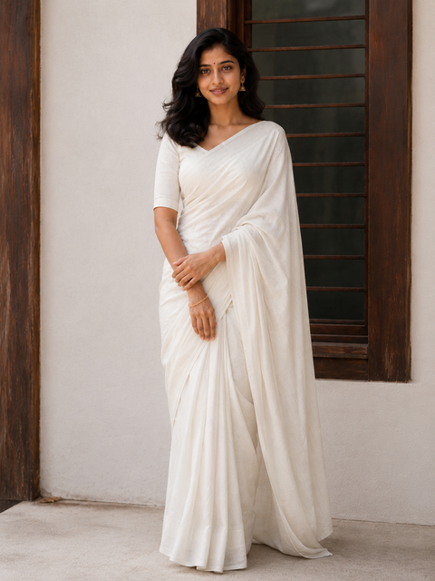 Kota Cotton Plain Saree - White Color