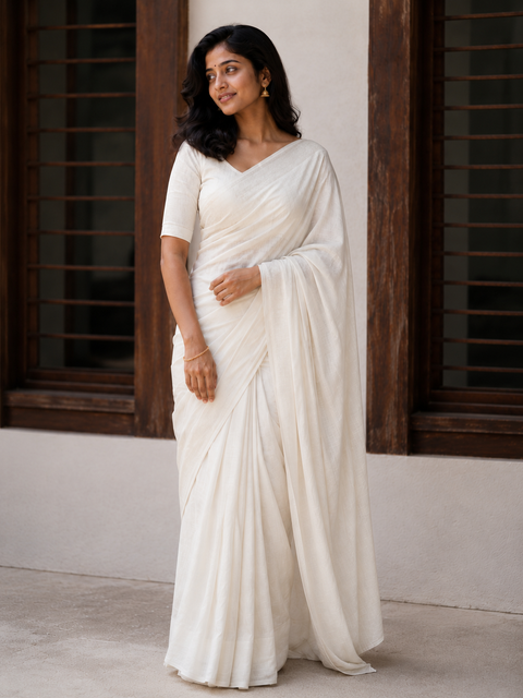 Kota Cotton Plain Saree - White Color