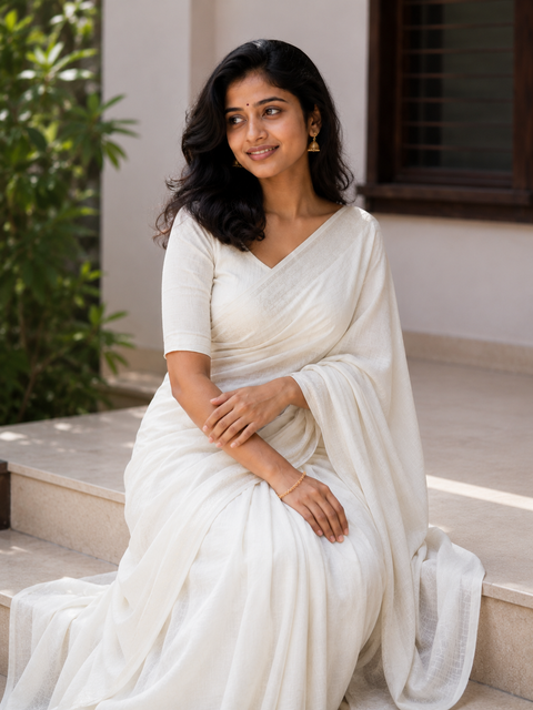 Kota Cotton Plain Saree - White Color