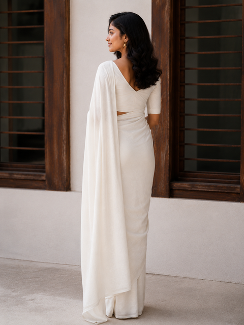 Kota Cotton Plain Saree - White Color