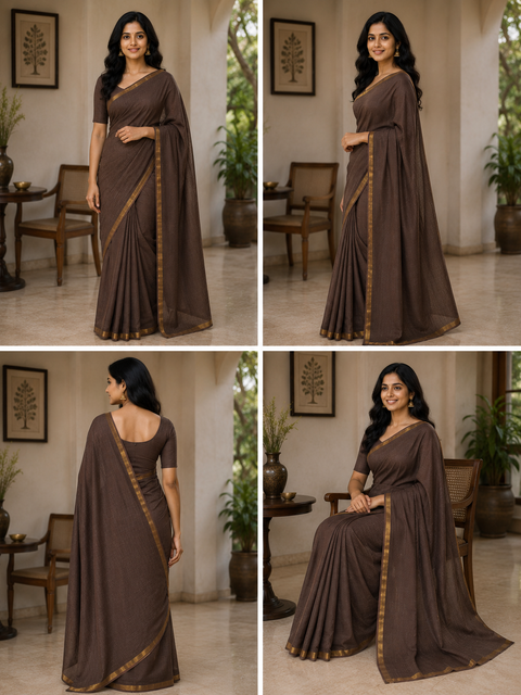 Pure Cotton Kota Doria Plain Saree - Brown Colour