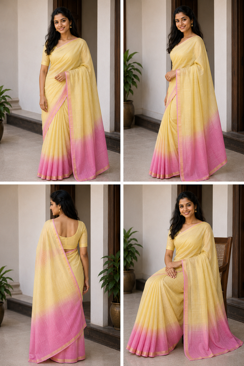 Pure Cotton Plain Kota Double Color Saree - Pink & Yellow