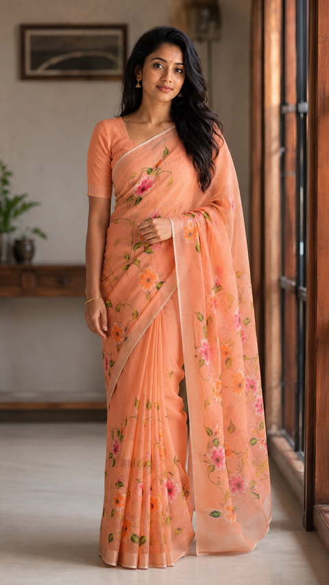 Kota Linen Hand Painted Saree - Peach Color
