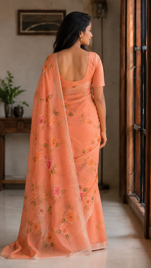 Kota Linen Hand Painted Saree - Peach Color