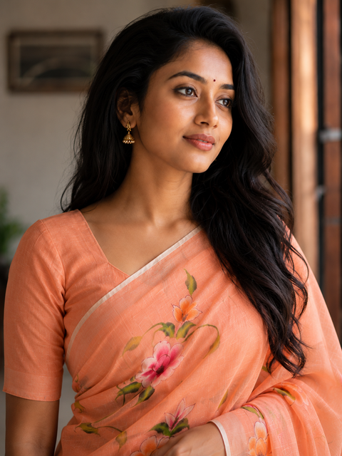 Kota Linen Hand Painted Saree - Peach Color